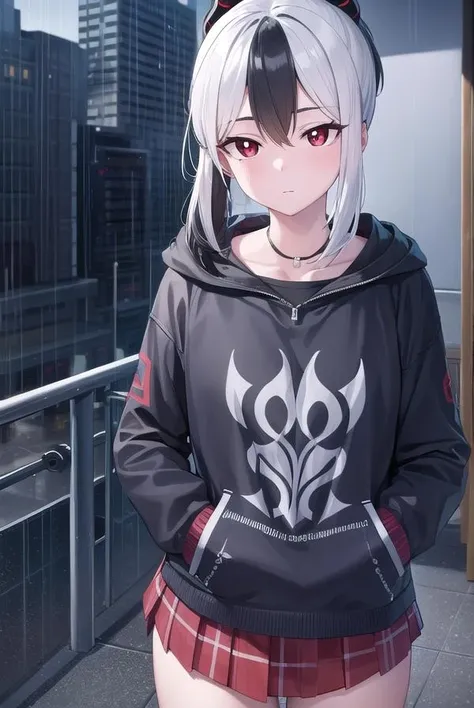 kayokoonikata, <lora:kayokoonikata-lora-nochekaiser:1>,
kayoko onikata, black hair, demon horns, hair between eyes, halo, horns, long hair, low wings, mole, mole on collarbone, multicolored hair, ponytail, (red eyes:1.5), single wing, two-tone hair, white hair, wings, black ponytail,
BREAK black hoodie, choker, hood, hoodie, pleated skirt, skirt, red skirt,
BREAK outdoors, city, sky, raining,
BREAK looking at viewer, (cowboy shot:1.5),
BREAK <lyco:GoodHands-beta2:1>, (masterpiece:1.2), best quality, high resolution, unity 8k wallpaper, (illustration:0.8), (beautiful detailed eyes:1.6), extremely detailed face, perfect lighting, extremely detailed CG, (perfect hands, perfect anatomy),
