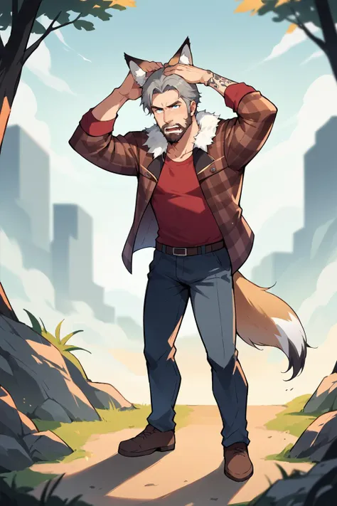 score_9, score_8_up, score_7_up, score_6_up, score_5_up, score_4_up, Andrew Ennis-Bryant, 1boy, animal ears, beard, blue eyes, depth of field, animal ear fluff, facial hair, fox ears, fur trim, grey hair, plaid jacket,  male focus, manly, mature male, mustache,  open clothes, open jacket, outdoors, red shirt, shirt, short hair, solo, hands on head, snarling, full body, hands up, feral, sidelighting, tattoo, screaming, liminal horror, <lora:AndyEnnisPonyXL:0.8>