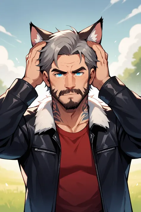 score_9, score_8_up, score_7_up, score_6_up, score_5_up, score_4_up, Andrew Ennis-Bryant, 1boy, animal ears, beard, blue eyes, depth of field, cat ears, facial hair, fox ears, fur trim, grey hair, jacket, leather, looking at viewer, male focus, manly, mature male, mustache, nose, old, old man, open clothes, open jacket, outdoors, red shirt, shirt, short hair, solo, hands on head, snarling, full body, hands up, feral, sidelighting, tattoo, <lora:AndyEnnisPonyXL:0.8>