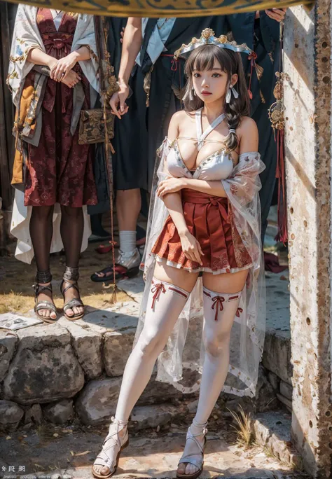 KaguyaK,1girl,solo,long hair,large breasts,black hair,brown eyes,standing,dynamic pose,<lora:KaguyaK:0.75>,masterpiece,best quality,absurdres,perfect anatomy,cinematic lighting,cowboy shot,hair ribbon,(japanese clothes,red:1.1),thighhighs,white thighhighs,see-through,sandals,tabi,headdress,skirt,long skirt,shrine,