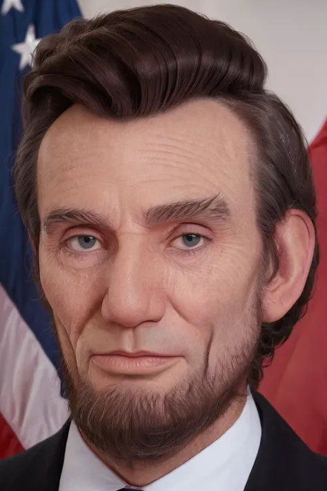 (lncln:1.2) man <lora:Lincoln1:0.92>, (portrait:1.1), High detail RAW color Photo, (eos:1.0), skin_pores, 8k high definition, highest quality, sharp focus, skin texture, detailed eyes, imperfections, hyperrealistic, incredibly detailed, big nose, big ears, american flag in background, wearing a suit and tie, wearing a big black (top_hat:1.2)