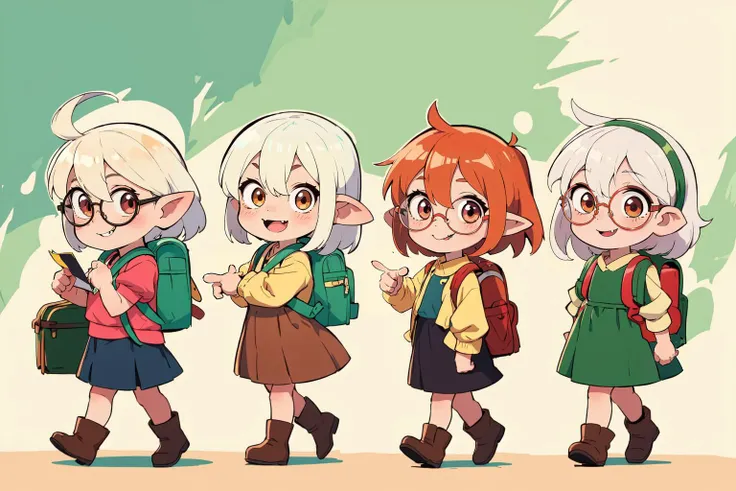 3girls, going (best quality:1.3), (highres:1.1), (thick outline:1.2), cute face Kawaii, In the style of Ken Sugimori, chibi, 1girl, white hair, fangs, chibi, bangs, BREAK, hair between eyes, fang, upper body, looking at viewer, shirt, mid shot, full body, walking, smile, forest, pointy ears, round eyewear, glasses, backpack, brown boots, holding map, extremely detailed, detailed background, pointing, meme