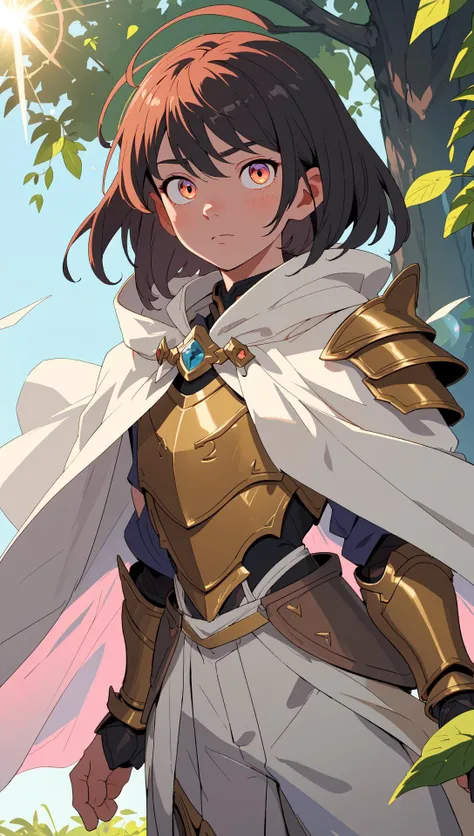 masterpiece, best quality, (masterpiece), boy, man, (1boy), (solo focus), (detailed face:1.1), glowing eyes, cloak, (long hair:1.1), short hair, (fantsy dream armor:1.3), oiled skin, stands with wide legs, leafs and brunches, bloom, lens flare, (high detail), war sunlight