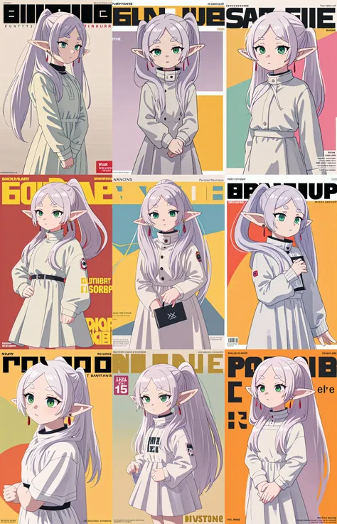 solo, (((magazine cover))), Streetwear outfit, winter fashion, 1girl dress lift, english text, 1girl, solo, elf, white hair, grey hair, earrings, pointy ears, long hair, ponytail, green eyes, twintails, parted bangs, thick eyebrows, <lora:pytorch_lora_weights:1:lbw=1,1,1,1,1,1,1,1,1,1,1,1,1,1,1,2,1.6><lora:CHAR-Frieren:1>