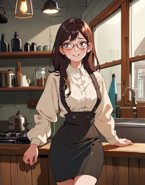 1girl, Heart-shaped face, Brunette hair Half-up, Black eyes Close-set eyes, Aquiline nose, Thin lips, A pair of round silver-rimmed glasses, a light grey long-sleeved shirt, a black pencil skirt, and black pumps., bijouterie, smiling, (craving lusty look:1.3), (Industrial farmhouse kitchen - a stylish and functional kitchen with industrial lighting natural wood accents and vintage decor)
masterpiece, highres, best quality, light, professional, intricate,highly detailed,artstation