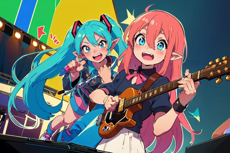 2girls, (best quality:1.3), (highres:1.1), (thick outline:1.2), cute face Kawaii, blue eyes, In the style of Ken Sugimori, fangs, bangs, BREAK, hair between eyes, upper body, looking at viewer, mid shot, full body, on stage, smile, crowd of people, pointy ears, extremely detailed, detailed background, microphone,
AND BREAK
2girls, hatsune miku, (best quality:1.3), (highres:1.1), (thick outline:1.2), cute face Kawaii, blue eyes, In the style of Ken Sugimori, blue hair, twintails, fangs, bangs, BREAK, hair between eyes, fang, upper body, looking at viewer, mid shot, full body, on stage, smile, crowd of people, pointy ears, holding microphone, extremely detailed, detailed background, pointing, meme, microphone, music notes, spoken musical note, music,
AND BREAK
2girls, hitori bocchi, (best quality:1.3), (highres:1.1), (thick outline:1.2), cute face Kawaii, In the style of Ken Sugimori, pink hair, fangs, bangs, BREAK, hair between eyes, fang, upper body, looking at viewer, mid shot, full body, on stage, open mouth, eyes clothes, shaded face, jitome, <lora:gotou_hitori_v1:0.7> crowd of people, pointy ears, guitar, holding guitar, holding instrument, extremely detailed, detailed background, microphone, music notes, spoken musical note, music,