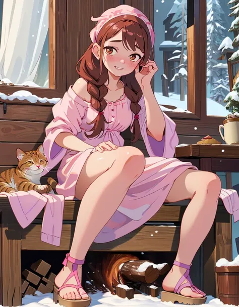 1girl, Heart-shaped face, Brown hair Fishtail braid, Brown eyes Cat eyes, Wide nose, Evenly shaped lips, A pink headband adorned with small pearls, a lavender sundress with a floral pattern, and beige sandals., bijouterie,  smiling, (craving lusty look:1.3), (A rustic cabin in the mountains during winter with a fireplace and snow falling outside)
masterpiece, highres, best quality, light, professional, intricate,highly detailed,artstation
