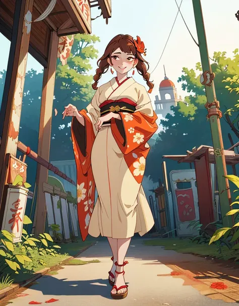 1girl, Oval face, Brown hair Bubble braids, Brown eyes Big eyes, Freckled nose, Evenly shaped lips, An elegant geisha kimono adorned with intricate floral patterns and accessorized with wooden sandals and hair ornaments., bijouterie, smiling, (craving lusty look:1.3), (Old Abandoned Amusement Park - an ancient amusement park that was abandoned many years ago but only the ruins remain:1.2)
masterpiece, highres, best quality, light, professional, intricate,highly detailed,artstation,fuzzybackground