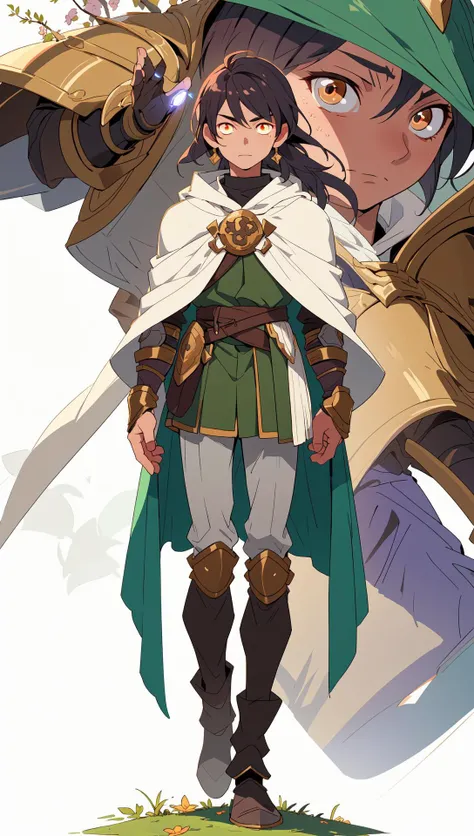 masterpiece, best quality, (masterpiece), (boy:1.5), druid knight, (1boy), (solo focus), (detailed face:1.1), glowing eyes, cloak, (long hair:1.1), short hair, fantsy dream armor, oiled skin, full body view, stands with wide legs, leafs and brunches, bloom, lens flare, (high detail), war sunlight