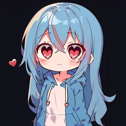 chibi emoji, (heart-shaped eyes), 1girl, closed mouth, long blue hair, hoodie<lora:exag-000009:1>, simple background