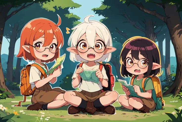 3girls, going (best quality:1.3), (highres:1.1), (thick outline:1.2), cute face Kawaii, In the style of Ken Sugimori, chibi, 1girl, white hair, fangs, chibi, surprised, :o, bangs, BREAK, hair between eyes, fang, dirty tore shirt, blush, upper body, looking at viewer, shirt, mid shot, full body, sitting, forest, pointy ears, round eyewear, glasses, backpack, brown boots, holding map, extremely detailed, detailed background