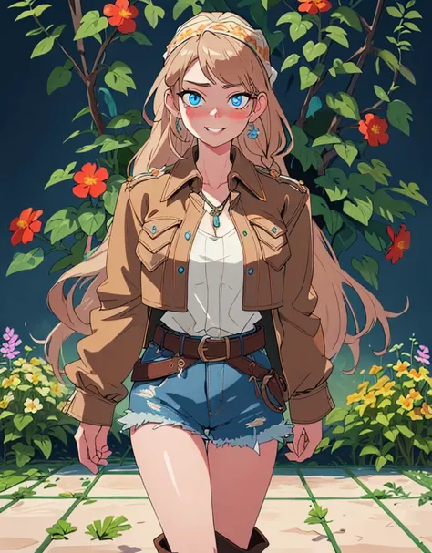 1girl, Heart-shaped face, Light brown hair Waterfall braid, Blue eyes Big eyes, Straight nose, Pouty lips, A fringed suede jacket with denim shorts and cowboy boots, accessorized with a studded belt and bandana., bijouterie, smiling, (craving lusty look:1.3), (Flower Maze - A maze of different flowers and plants that make beautiful patterns and shapes:1.2)
masterpiece, highres, best quality, light, professional, intricate,highly detailed,artstation,fuzzy background