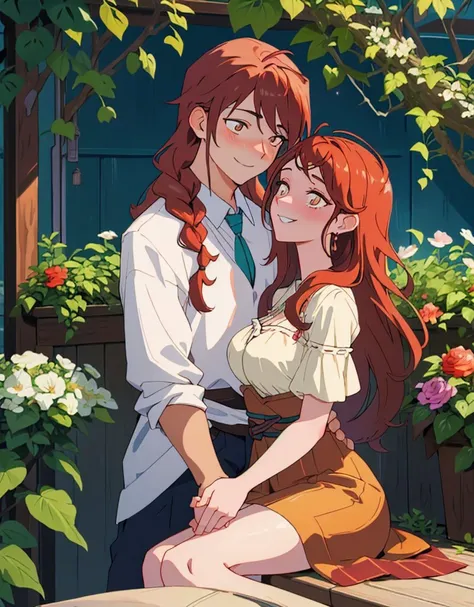 1girl, Heart-shaped face, Auburn hair Crisscross braided hairstyle, Dark brown eyes Doe eyes, Upturned nose, Dimples, / 50 ( - , . , . . , ). , . . ./, bijouterie, smiling, (craving lusty look:1.3), a lush rooftop garden oasis complete with cascading vines colorful blooms and cozy nooks providing a romantic and intimate setting for couples or lifestyle shoots
masterpiece, highres, best quality, light, professional, intricate,highly detailed,artstation