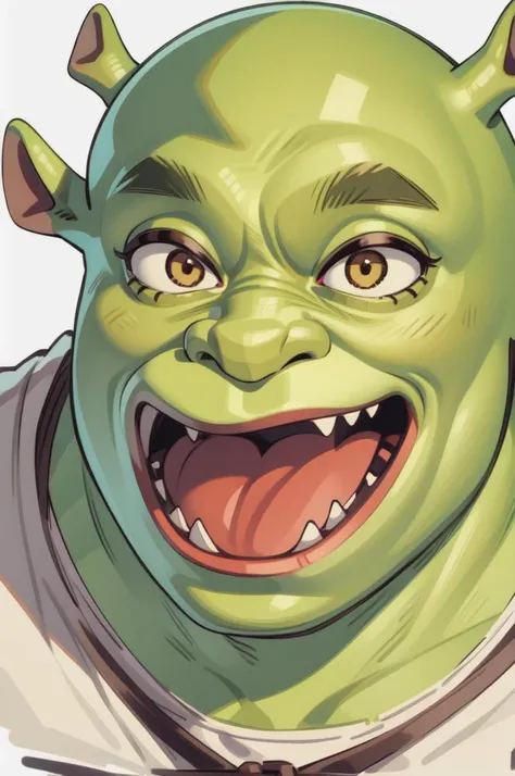 shrex, ogre, green skin, white background, (best quality, masterpiece:1.2), (extremely detailed, 8k, 4k, 4k wallpaper) <lora:ShrekDoguVersion2:0.9>