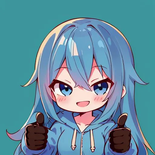 chibi emoji, thumbs up, 1girl, long blue hair, hoodie<lora:exag-000009:1>, simple background