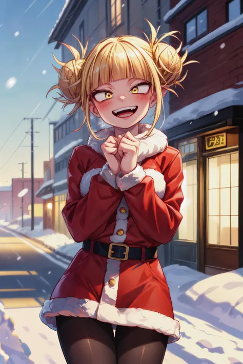 masterpiece, best quality, 1girl, shiny skin, toga himiko, boku no hero academia, blonde hair, double bun, yellow eyes, blush, smile, open mouth, red santa costume, fur-trim, black pantyhose, cowboy shot, snow, outdoors, town, winter, sunlight, visible breath