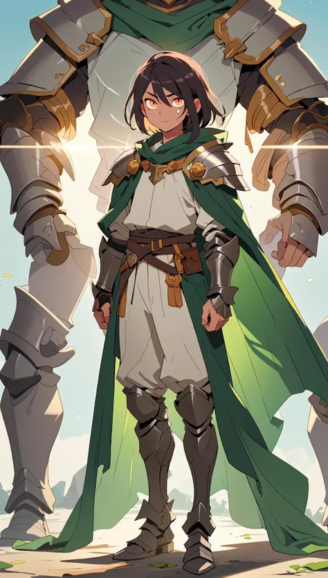 masterpiece, best quality, (masterpiece), druid knight, (1boy), (solo focus), (detailed face:1.1), glowing eyes, cloak, (long hair:1.1), short hair, fantsy dream armor, oiled skin, full body view, stands with wide legs, leafs and brunches, bloom, lens flare, (high detail), war sunlight, scar on the nose