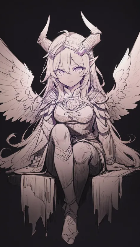 1girl, valkyrie, feathered wings, wearing ornate viking clothes, sitting knees up, horned helmet, (darkness, dark background:1.3), fur trim, feathers floating around her in a magical vortex, night, fantasy setting, dnd, d&d, beautiful 8k wallpaper, superb, extremely detailed, intricate, [monochrome::0.6] sketch, graphite \(medium\) <lora:Drawing1:0.7>