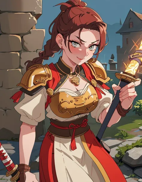 1girl, Square face, Brunette hair Mohawk braid, Hazel eyes Close-set eyes, Roman nose, Cupid's bow lips, A fierce and stylish samurai warrior armor set with intricate designs, adorned with a katana sword and a traditional helmet., bijouterie, smiling, (craving lusty look:1.3), (A medieval castle with stone walls and torch lighting)
masterpiece, highres, best quality, light, professional, intricate,highly detailed,artstation