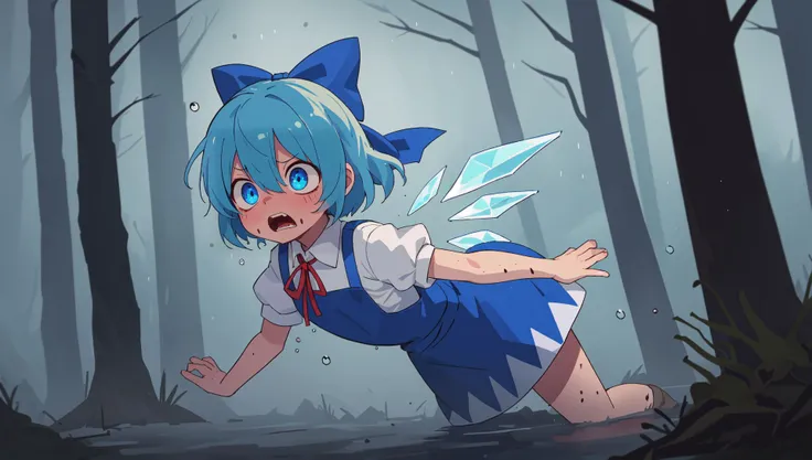 cirno, solo, puffy short sleeves, blue hair, blue bow, hair bow, hair between eyes, blue eyes, naked, nude, ice wings, terrified, scared, horrified, flat chest, tiny breasts, exposed pussy, squatting, face shadow, holding head with both hands, peeing, yellow fluids from pussy, crying, panic expression, (darkness:1.2), night, (ghost:1.1), fog, outdoors, forest, pine tree, spooky, horror \(theme\), masterpiece, best quality, smooth details