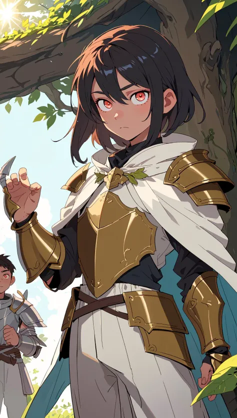 masterpiece, best quality, (masterpiece), (boy:1.5), druid knight, (1boy), (solo focus), (detailed face:1.1), glowing eyes,  cloak, (long hair:1.1), short hair, (fantsy dream armor:1.3), oiled skin, stands with wide legs, leafs and brunches, bloom, lens flare, (high detail), war sunlight