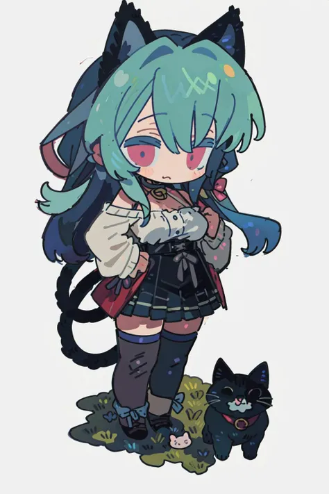 1girl, cat ears, cat tail, long hair, sidelocks, high-waist skirt, thighhighs, ankle boots, medium breasts, off shoulder, cute, simple background, masterpiece, best quality, full body, mid shot, adult, hands on chest, chibi,  <lora:MIA:1>, convention greeting,