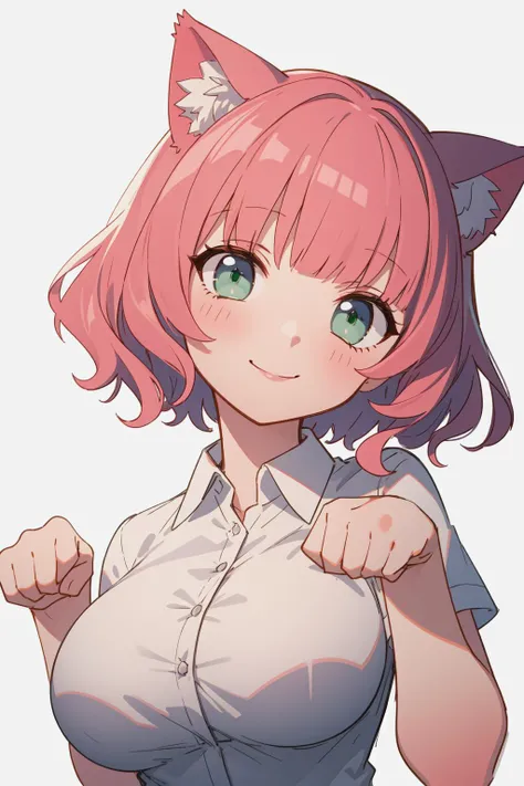 1girl, solo,
short hair, wavy hair, pink hair, blunt bangs, green eyes, cat ears, large breasts, white shirt, collared shirt, head tilt, light smile, paw pose,
white background, simple background, sketch,
masterpiece, best quality,
