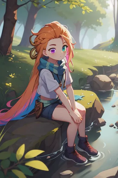 masterpiece, best quality, relaxed, sitting on a rock beside a stream, nature, outdoors, <lora:zoe03_nai_lion_01:1> zuoyi, 1girl, heterochromia, multicolored hair, very long hair