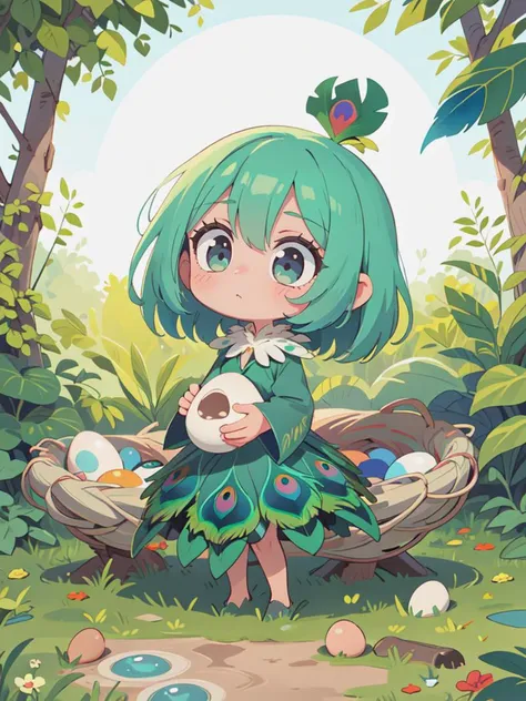 8k, masterpiece, highly detailed, high quality,
1girl wearing a (peacock feather dress), <lora:peacock_feather_dress-SD-1.0:1>
chibi, nest, eggs, confused