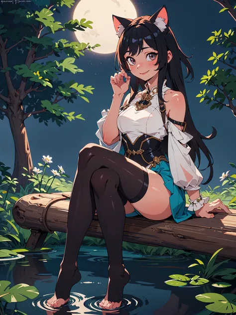 (masterpiece, best quality, ultra high res, highly detailed:1.3), dark, night, detailed, extremely detailed, intricate detail, night,
BREAK dark forest,pond,
BREAK  girl, cat ears, cute, smiling, multicolored hair, detailed messy hair, expensive intricate clothing, sitting on log, legs in water,