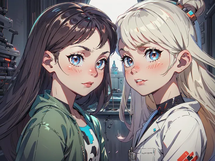 2girls, handsome girls, portrait upper body human girl of scientist:1.1, looking at each other, menacing look, dim light, dark, horror \(theme\), cybernetic room with sci-fi stuff, realistic, long blonde, <lora:ballgownGoth:0.6> , AS-YoungerV2:1, <lora:LunarPunkAI:0.95> <lora:add_detail:0.85>