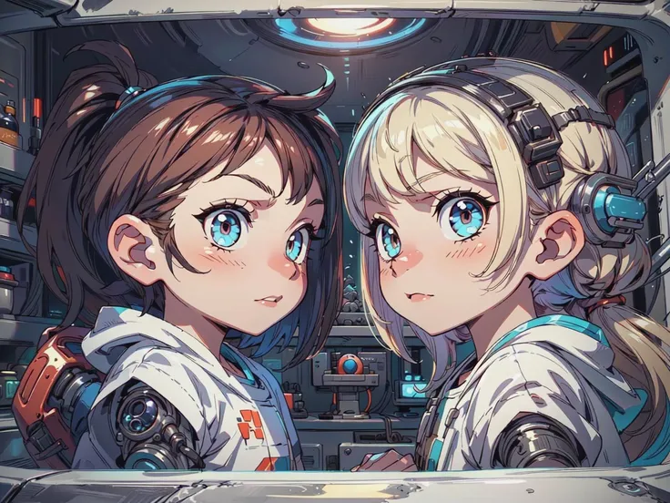 2girls, handsome girls, portrait upper body human girl of scientist:1.1, looking at each other, menacing look, dim light, dark, horror \(theme\), cybernetic room with sci-fi stuff, realistic, long blonde, <lora:ballgownGoth:0.6> , AS-YoungerV2:1, <lora:LunarPunkAI:0.95> <lora:add_detail:0.85>