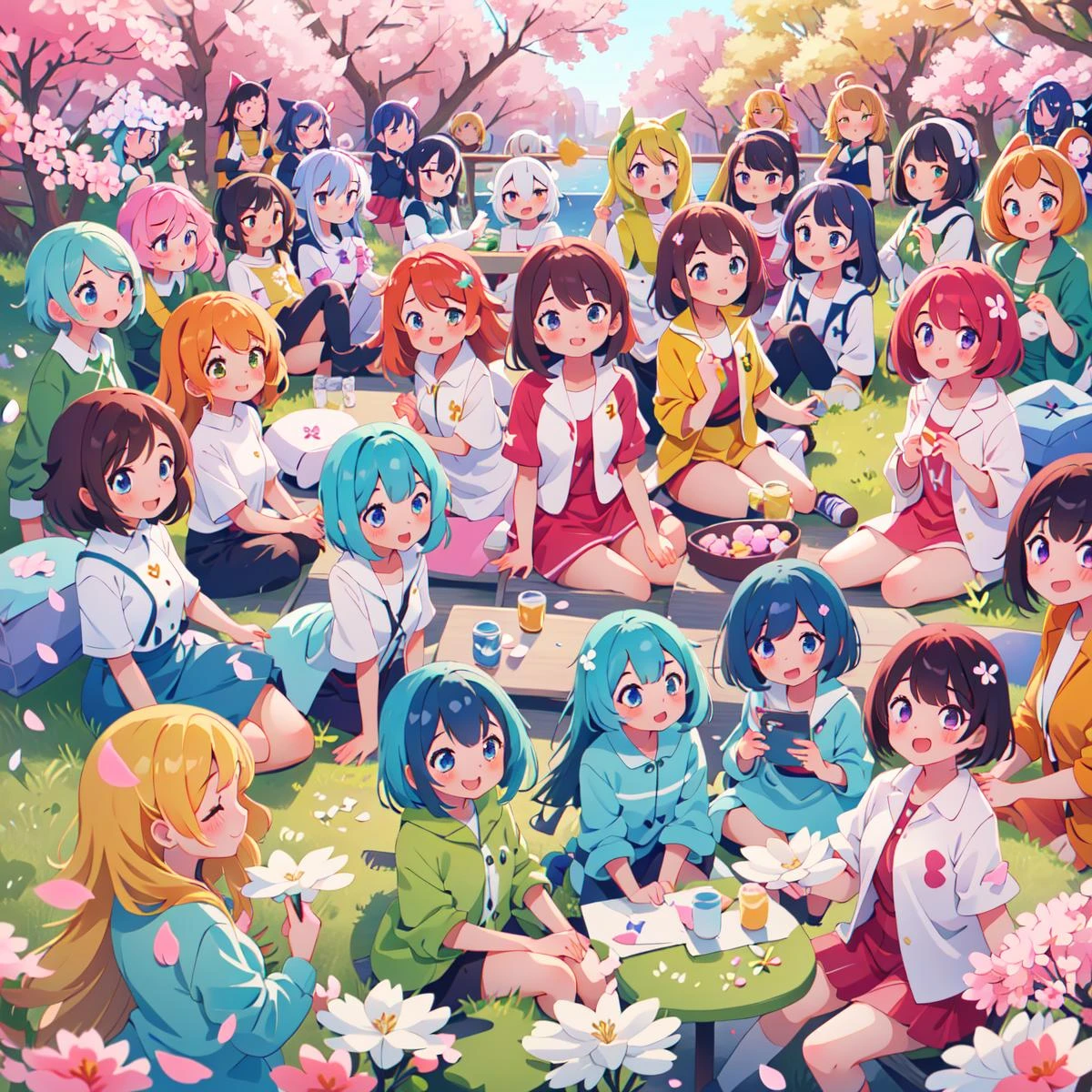 masterpiece, best quality, cute, happy, vibrant, colorful,nature,trail, background forest animals,sitting,multiple girls,(6+girls:1.9),(Hanami),(Cherry blossoms),(looking at the flowers), (cherry petals floating in the air)<lora:people_count_slider_v1:0.5>