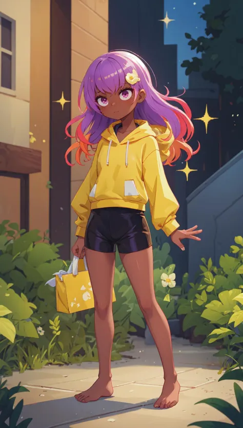 1girl, dark-skinned female, dark skin, embarrassed, front braid, wavy hair, sidelocks, (multicolored hair:1.2), (light brown hair, purple hair, blonde hair, pink hair), (shimmer hair:1.21551), glowing hair, (iridescent silver hair:1.05), (hair \(houseki no kuni\):1.15763),, standing,\\nlight yellow hoodie, lowleg shorts, barefoot, hair ornament BREAK outdoors