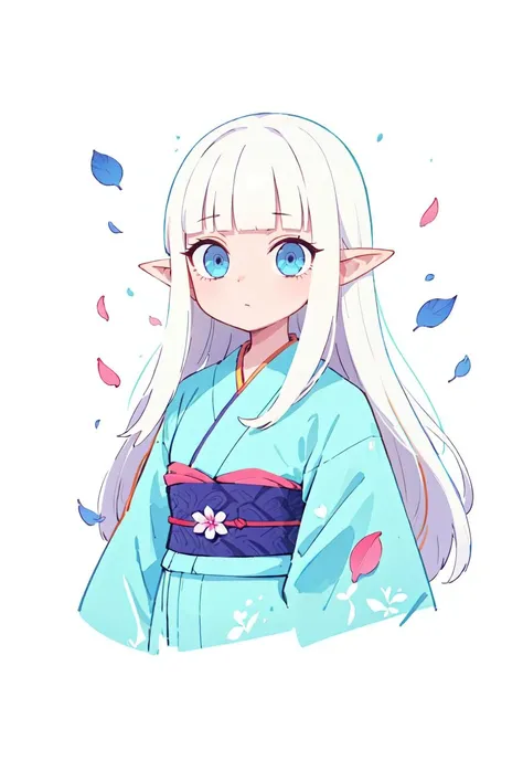 perfect image, best quality, watercolor, 1girl, kimono, flowers and petals, beautiful concept illustration, (white background:1.1), (open hair, long hair, straight hair, white hair, hime cut, blunt bangs, azure eyes, pointy ears:1.1),