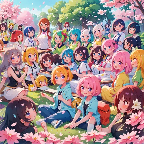 masterpiece, best quality, cute, happy, vibrant, colorful,nature,trail, background forest animals,sitting,multiple girls,(6+girls:1.9),(Hanami),(Cherry blossoms),(looking at the flowers), (cherry petals floating in the air)<lora:people_count_slider_v1:0.5>