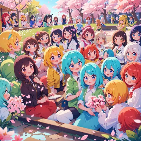 masterpiece, best quality, cute, happy, vibrant, colorful,nature,trail, background forest animals,sitting,multiple girls,(6+girls:1.9),(Hanami),(Cherry blossoms),(looking at the flowers), (cherry petals floating in the air)<lora:people_count_slider_v1:0.5>