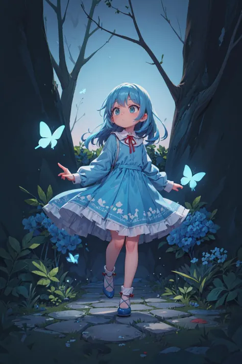 masterpiece, best quality, extremely detailed, detailed (dark background:1.2), detailed face, darkness, (extremely low contrast:1.1)
BREAK 1girl, solo, (long blue hair:1.3), green eyes, full body
BREAK blue long dress with (red ribbon), blue footwear, long sleeves,
BREAK looking away
BREAK outdoor, magical fotest, cobblestone path, trees, blue flowers, flying birds, butterflies
BREAK intricate detail, smooth, illustration <lora:more_details:0.6>