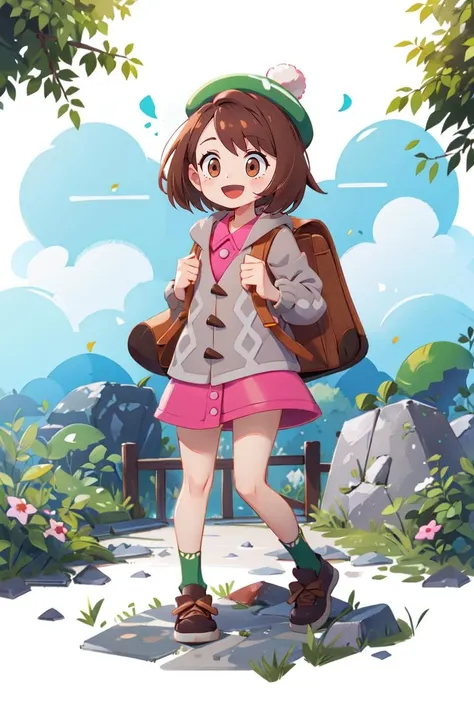masterpiece, best quality, gloria1, 1girl, gloria \(pokemon\), brown hair, solo, backpack, brown eyes, tam o' shanter, grey cardigan, pink dress, short hair, green socks, socks, brown bag, bob cut, bangs, long sleeves, collared dress, hiking, outdoors, nature, happy, :D, full body, mid shot, <lora:gloria_(pokemon)_v1:0.8>