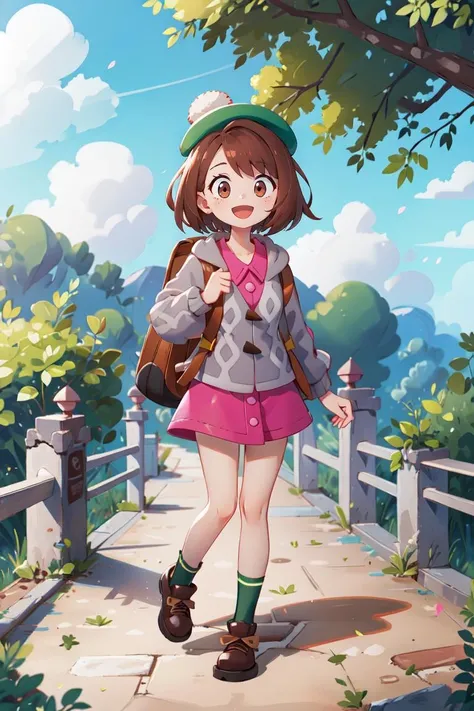 masterpiece, best quality, gloria1, 1girl, gloria \(pokemon\), brown hair, solo, backpack, brown eyes, tam o' shanter, grey cardigan, pink dress, short hair, green socks, socks, brown bag, bob cut, bangs, long sleeves, collared dress, hiking, outdoors, nature, happy, :D, full body, mid shot, <lora:gloria_(pokemon)_v1:0.8>