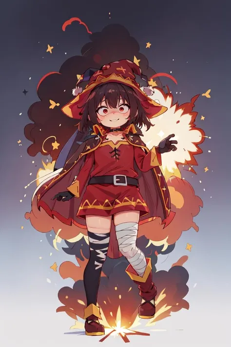 masterpiece, best quality, gloria1, 1girl, evil smile, (huge explosion background:1.5), (spread arms pose), (messy hair:1.1), long hair, full body, wide-eyed, constricted pupils, megumin, witch hat, brown hair, short hair, red eyes, black choker, red dress, (brown cape:1.5), long sleeves, black gloves, fingerless gloves, belt, brown belt, gold trim, zettai ryouiki, (asymmetrical legwear:1.4), mismatched legwear, (bandaged leg:1.3), black thighhighs, <lora:constricted_pupils_v0.2a:1> <lora:Megumin:0.6>