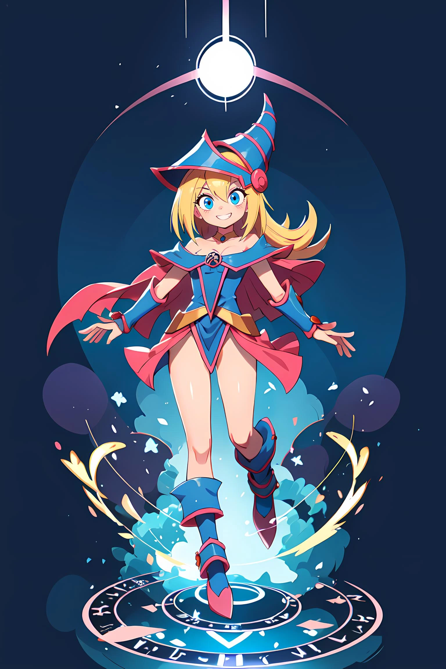 <lora:dark_magician_girl_offset:0.8> masterpiece, best quality, cinematic light, 1girl, grin, dark magician girl, blonde hair, blue headwear, blue footwear, duel monster, hat, hexagram, long hair, looking at viewer, magic, magic circle, glow, glowing, glowing particles, pentacle, pentagram, wizard hat, yu-gi-oh!, dynamic pose,