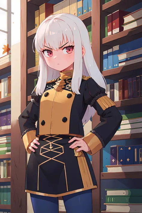 masterpiece, best quality, 1girl, solo, lysitheauniform, uniform, black uniform, long black sleeves, blue pantyhose, furrowed brow, hands on hip, library, looking at viewer, cowboy shot, <lora:fireemblem_ordelia-08:1>