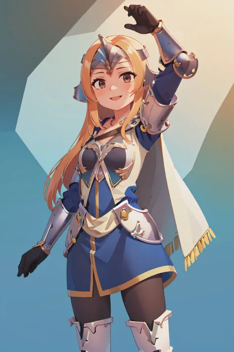 (masterpiece, best quality:1.2), solo, 1girl, mathilda, smile, looking at viewer, helmet, armor, blue dress, cape, pantyhose, thigh boots, black gloves <lora:mathilda-nvwls-v1:1.0>