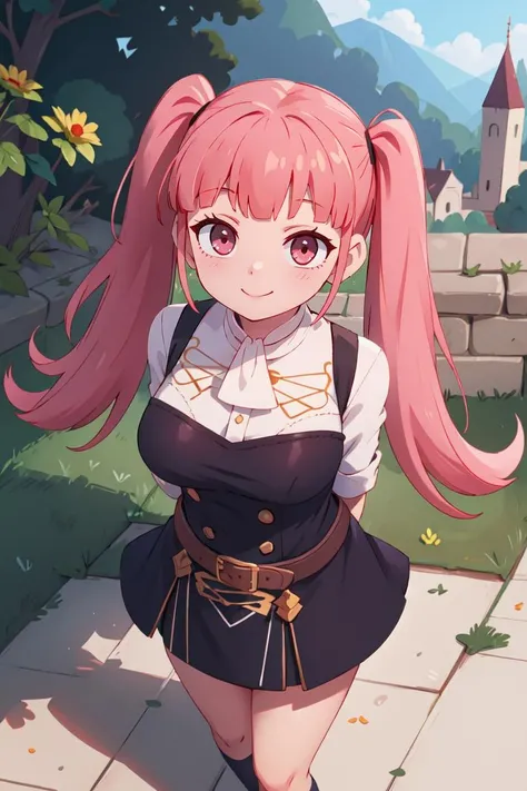 masterpiece, best quality, 1girl, hilda valentine goneril, twintails, hildauniform, light smile, castle, outdoor, cowboy shot, arms behind back, from above, <lora:fireemblem_hilda:0.8>