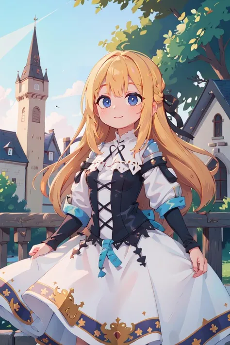 masterpiece, best quality, 1girl, yggdra yuril artwaltz, hair ribbon, blonde hair, dress, outdoor, castle, light smile, cowboy shot, <lora:yggdraunion_artwaltz:0.8>