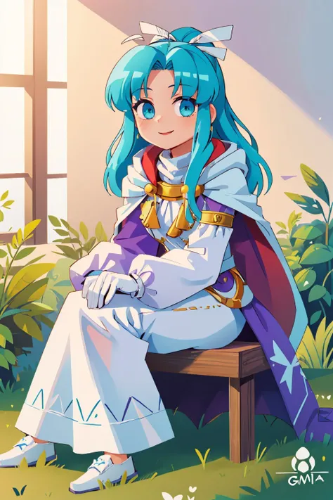 (masterpiece, best quality:1.2), solo, 1girl, gsmia, smile, looking at viewer, sitting, hair ribbon, cape, white gloves, long dress, purple trim <lora:gsmia-nvwls-v1:1>