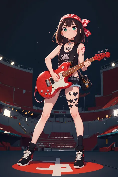 ((masterpiece)), (best quality), official art, extremely detailed CG, unity 8k wallpaper, ultra detailed, highly detailed, detailed background, vivid color, photorealistic, perfect lighting, best illumination,
1girl, shibuya rin, black hair, green eyes, choker, pather patterned clothing ,
edgSP, (tattoos:1.2),bandana on head, wearing edgSP_outfit, (full body:1.4),
stadium, concert hall, punk,
<lora:edgSteel_Panther:0.7>