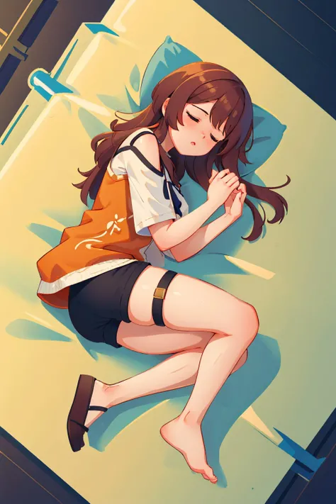(masterpiece, best quality:1.2), from above, solo, 1girl, kozukata yuri, sleeping, lying, on side, shirt, short shorts, thigh strap <lora:kozukatayuuri-nvwls-v1:1>