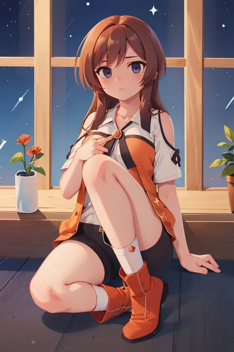 (masterpiece, best quality:1.2), solo, 1girl, kozukata yuri, expressionless, shirt, short shorts, thigh strap, socks, boots, night, star \(sky\) <lora:kozukatayuuri-nvwls-v1:1>